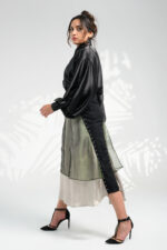 Satin Organza Layered Skirt with Cotton Drill Panel - Marsyangde