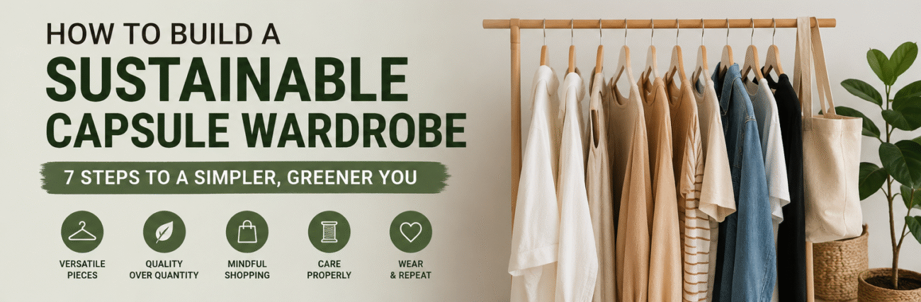 Minimalist sustainable capsule wardrobe with versatile clothing pieces for eco-friendly fashion.