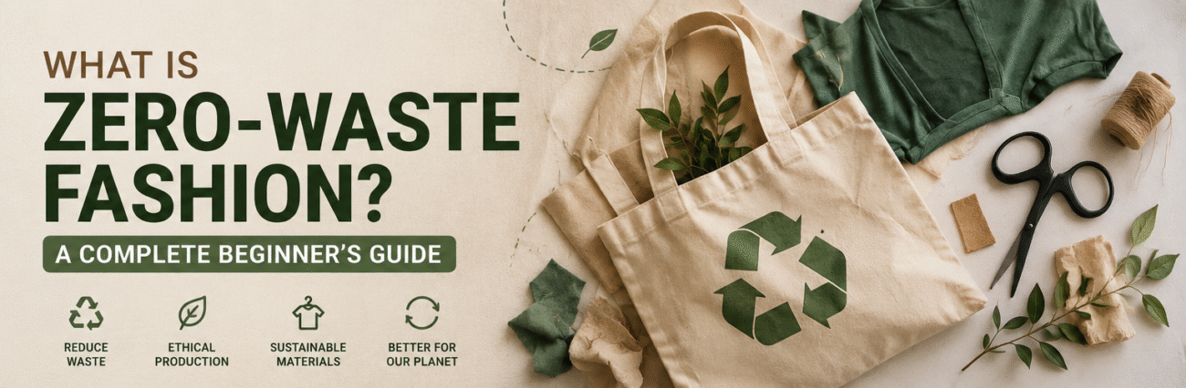 Illustration explaining zero-waste fashion with sustainable clothing, reusable tote bag, recycled materials, and eco-friendly production.