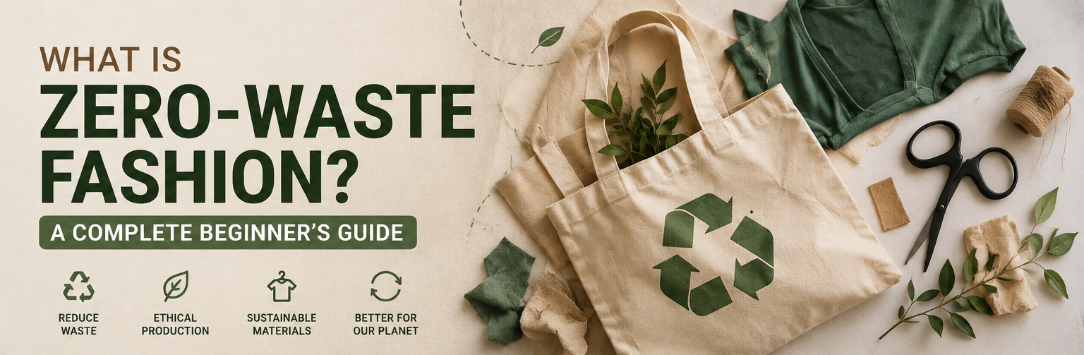 Illustration explaining zero-waste fashion with sustainable clothing, reusable tote bag, recycled materials, and eco-friendly production.